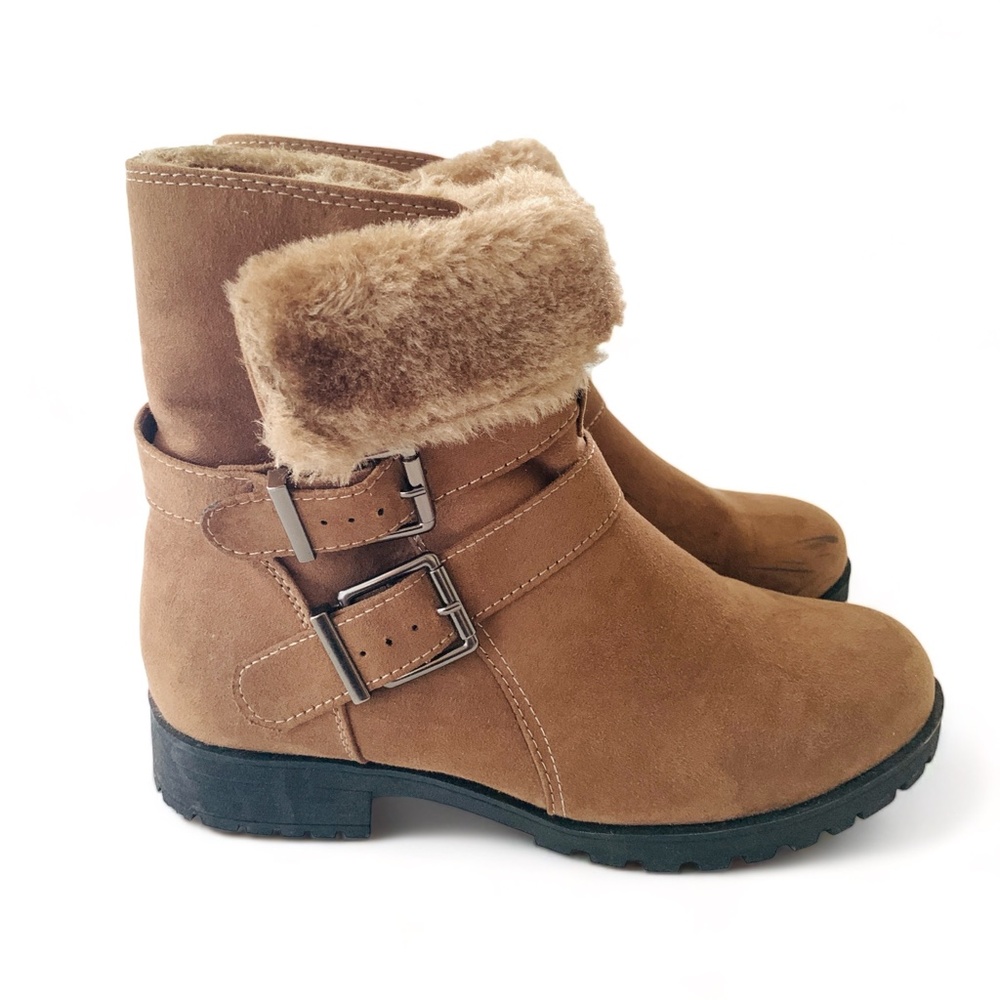 BRASH Women's Ankle Boots Sz 7.5 Cognac Suede Fold Down Faux Fur